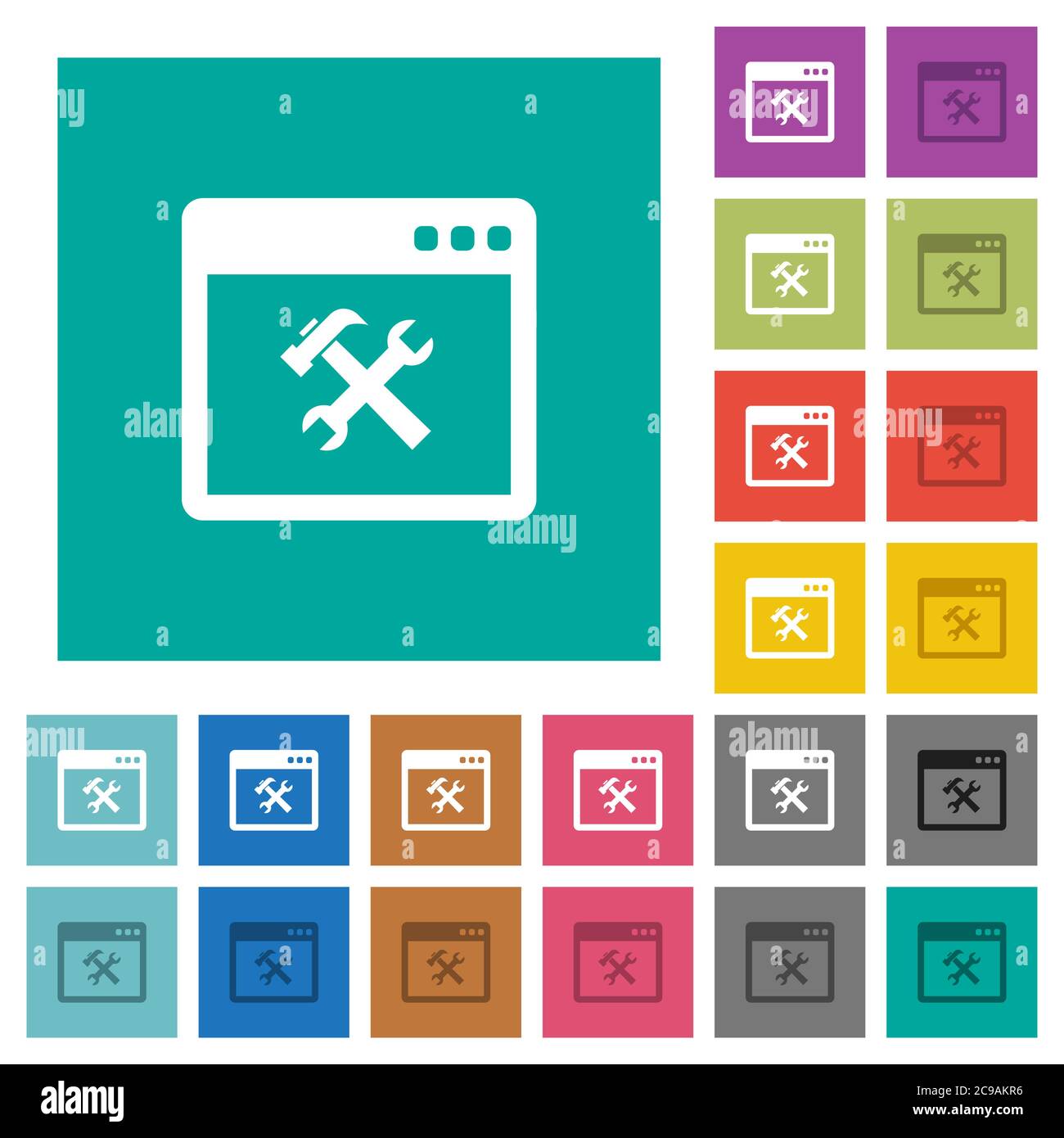 Application tools multi colored flat icons on plain square backgrounds. Included white and darker icon variations for hover or active effects. Stock Vector