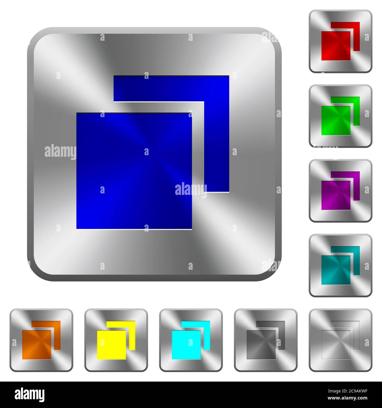 Overlapping elements engraved icons on rounded square glossy steel buttons Stock Vector