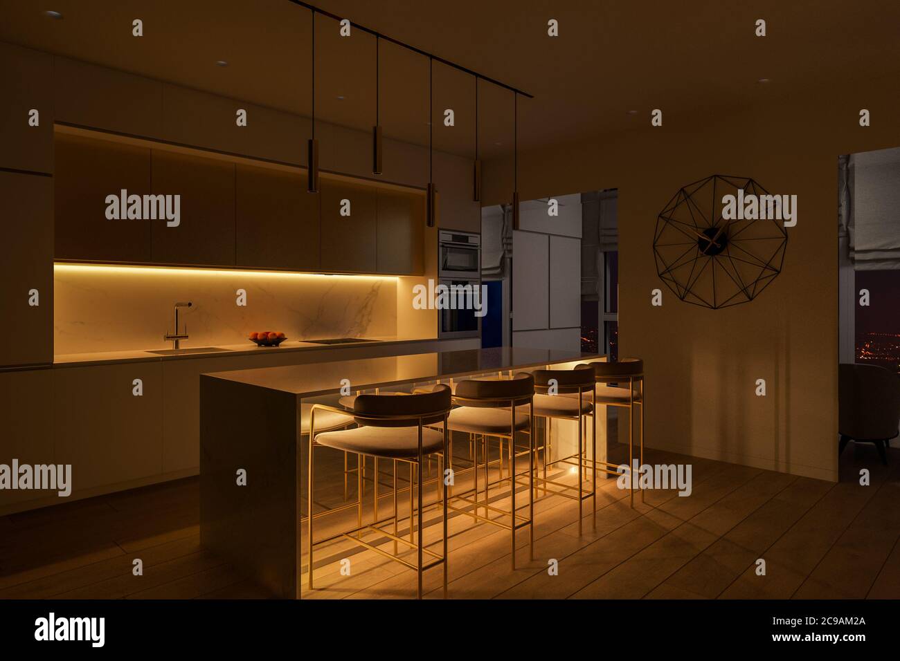 3D illustration kitchen interior design with led island lighting Stock ...