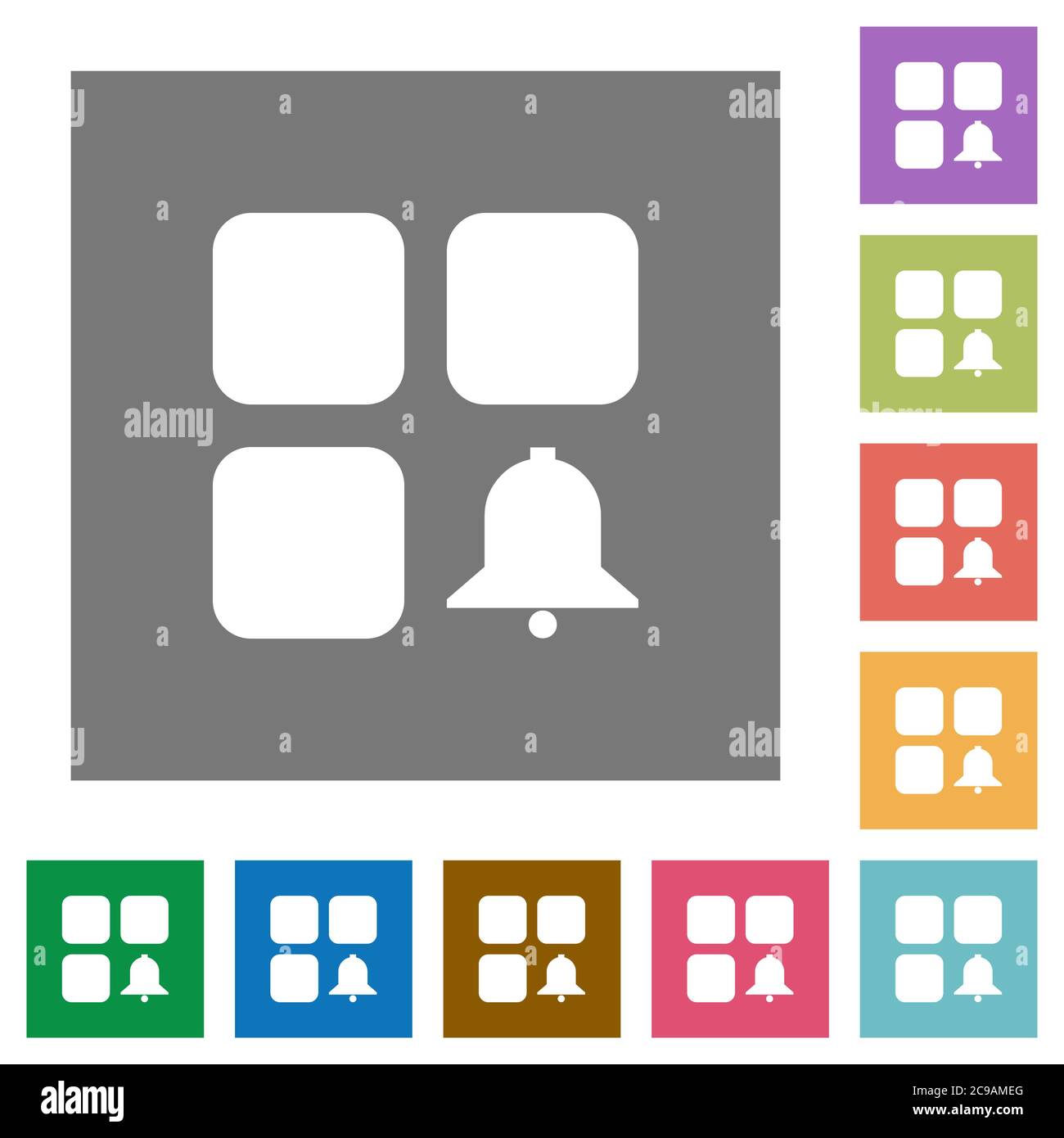 Component alert flat icons on simple color square backgrounds Stock Vector