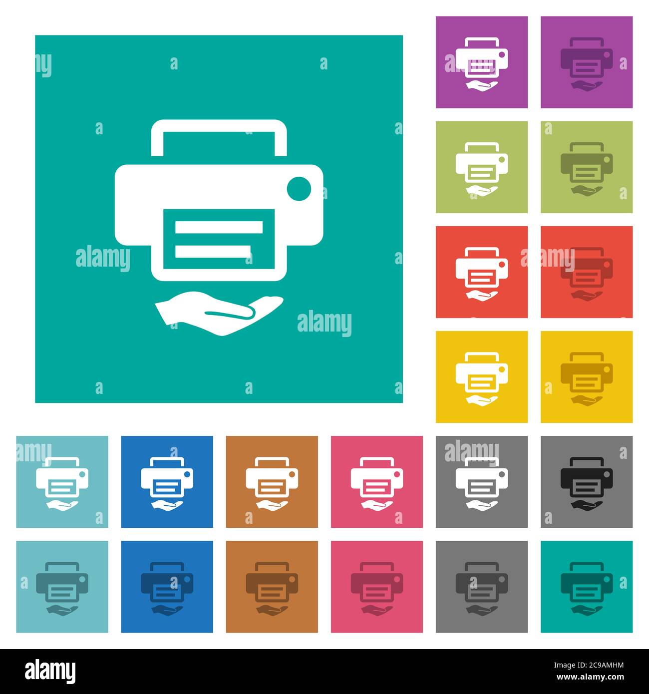 Shared printer multi colored flat icons on plain square backgrounds. Included white and darker icon variations for hover or active effects. Stock Vector