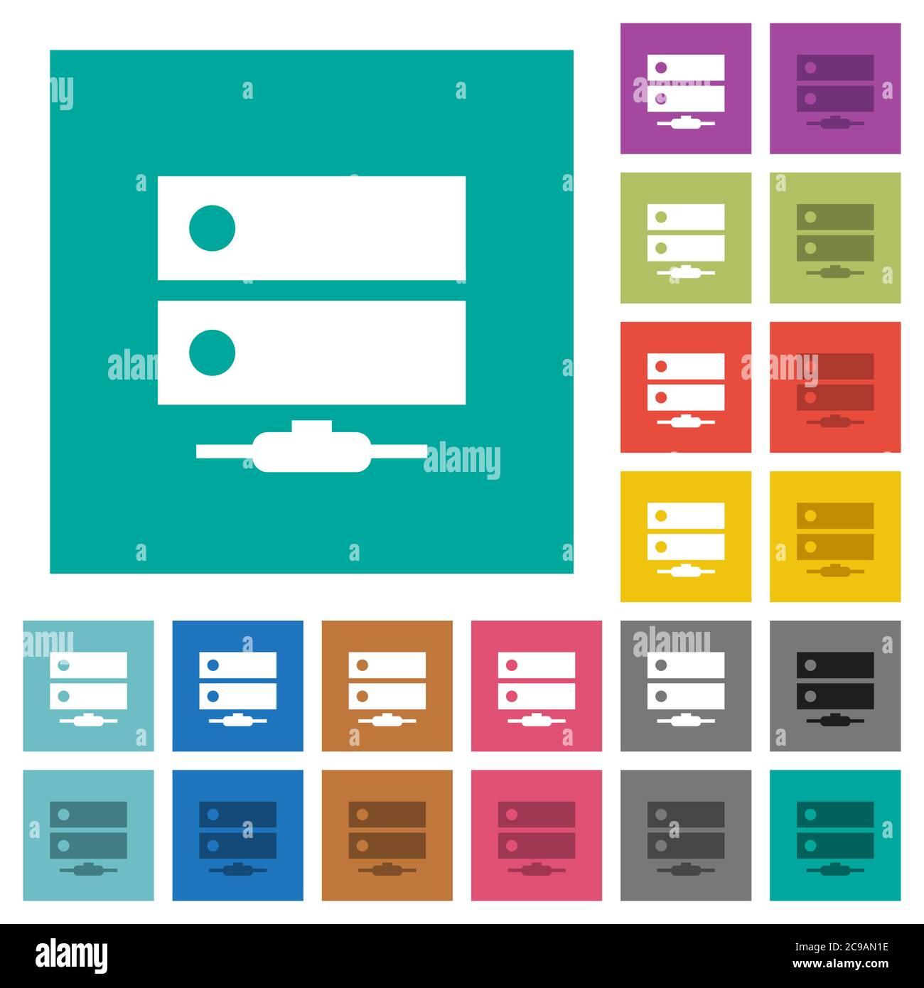 Network drive multi colored flat icons on plain square backgrounds. Included white and darker icon variations for hover or active effects. Stock Vector