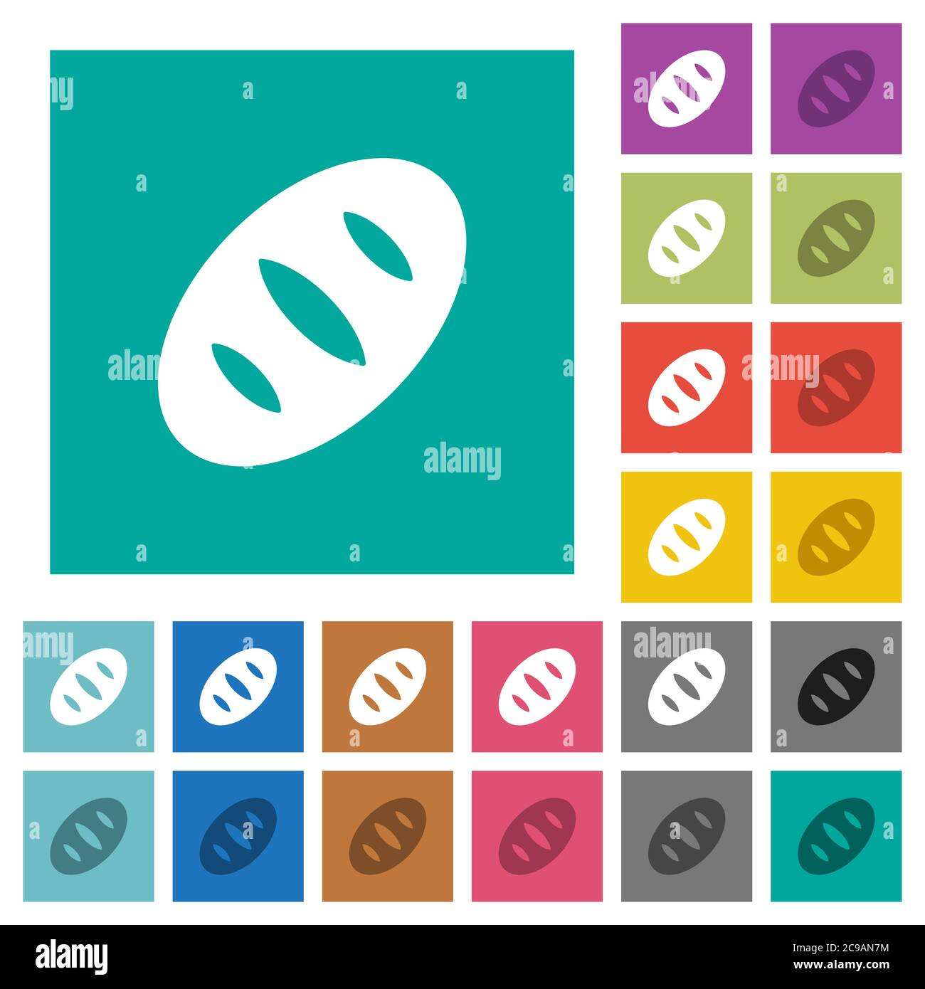 Bread multi colored flat icons on plain square backgrounds. Included white and darker icon variations for hover or active effects. Stock Vector