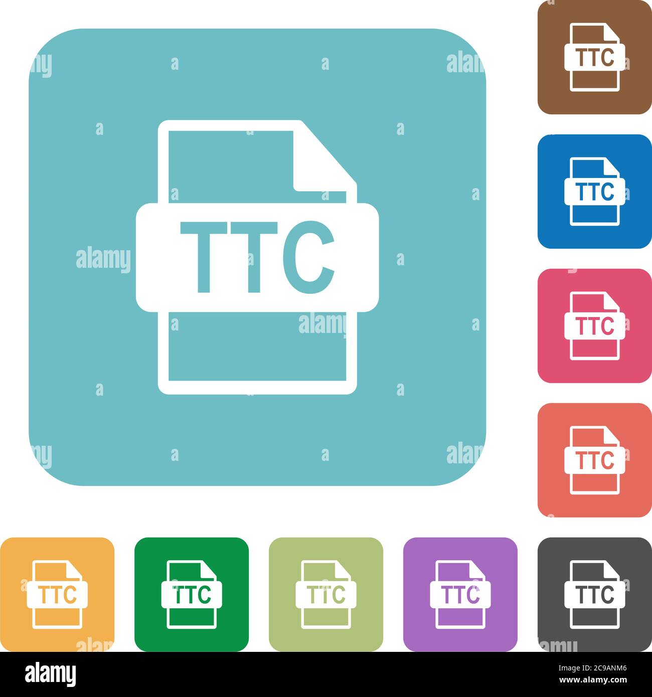 TTC file format white flat icons on color rounded square backgrounds Stock Vector