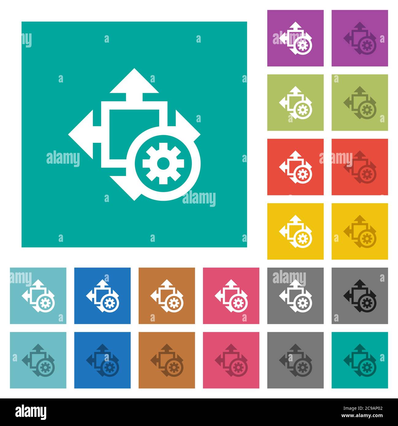Size settings multi colored flat icons on plain square backgrounds. Included white and darker icon variations for hover or active effects. Stock Vector
