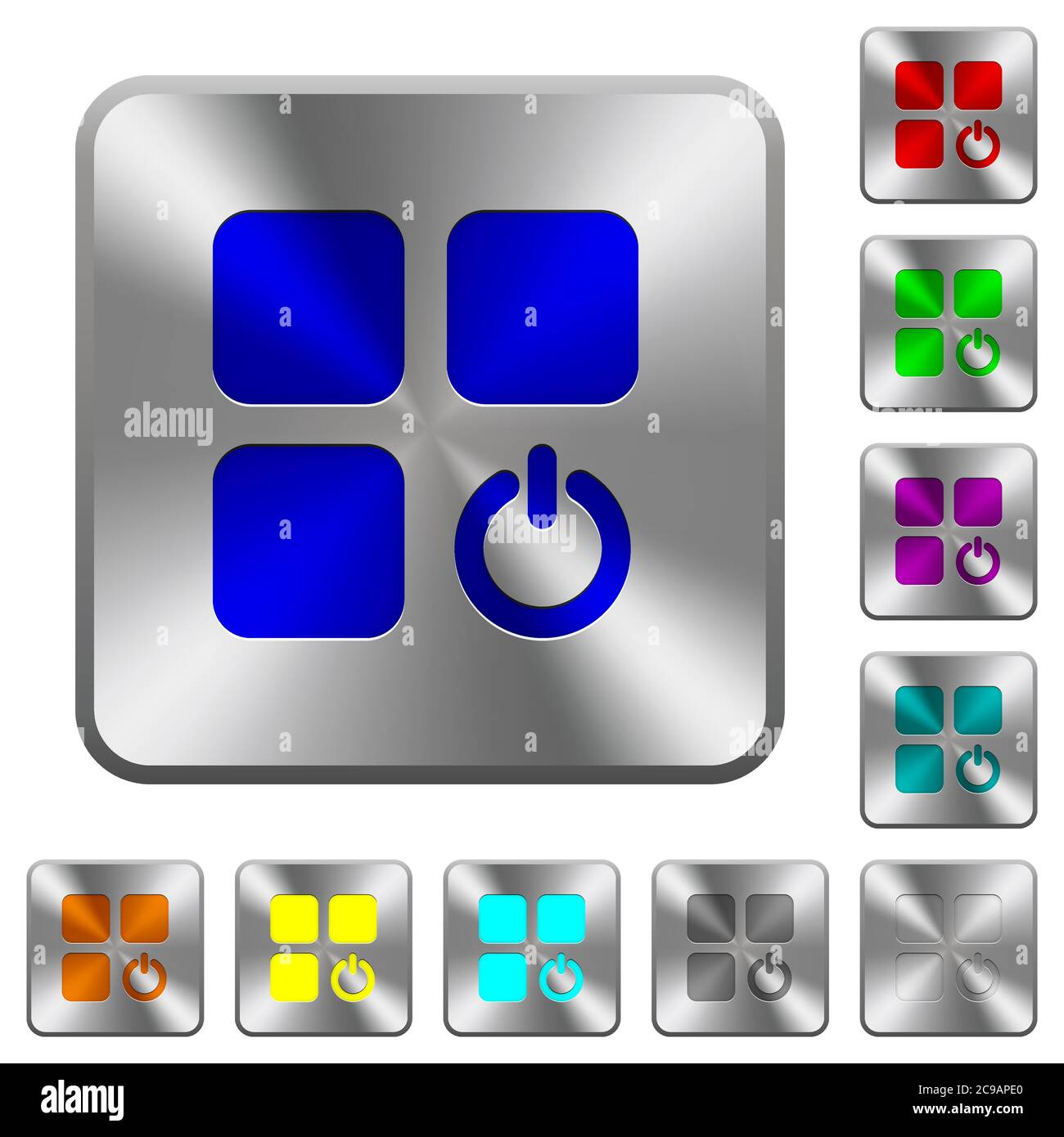 Component switch engraved icons on rounded square glossy steel buttons Stock Vector