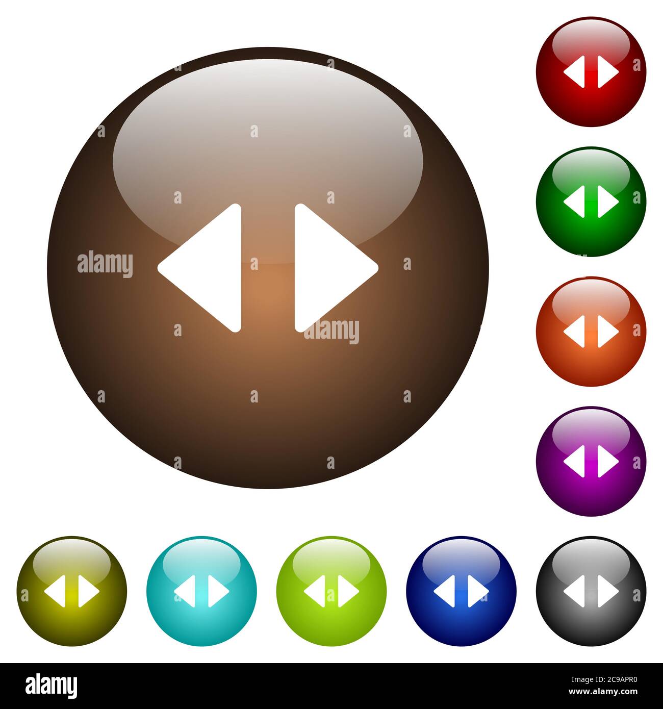 Horizontal control arrows white icons on round color glass buttons ...