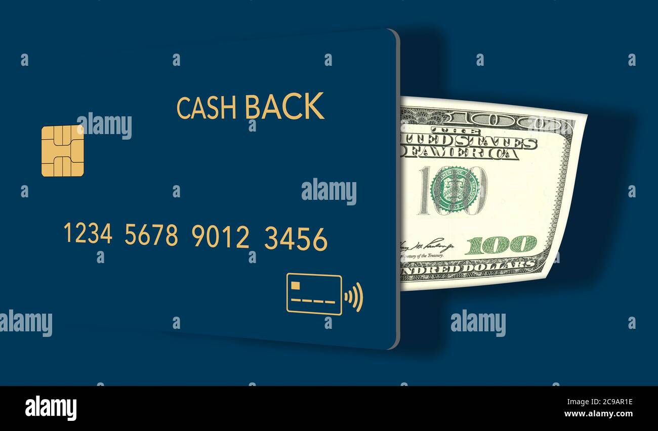 A generic cash back credit card is seen dispensing a one-hundred dollar bill back to it’s owner in this illustration. Stock Photo