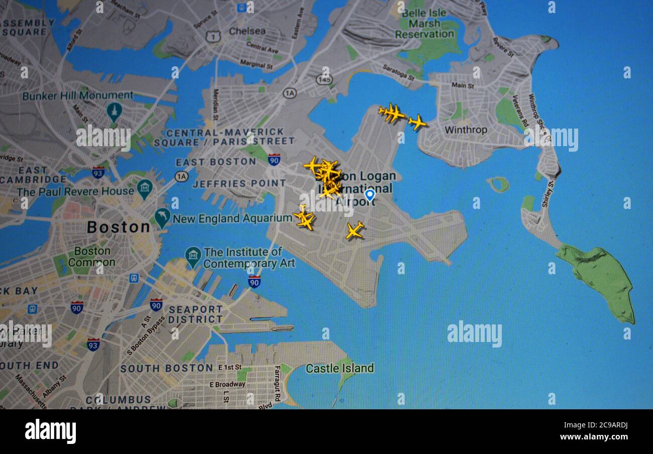 air traffic on  Boston Logan international airport (29 july 2020, UTC 15.08 ) on Internet with Flightradar 24 site, during the Coronavirus Pandemic Stock Photo