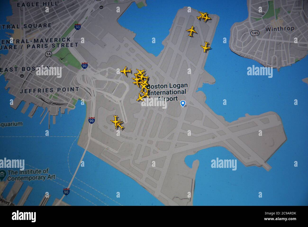 air traffic on  Boston Logan international airport (29 july 2020, UTC15.08) on Internet with Flightradar 24 site, during the Coronavirus Pandemic Stock Photo