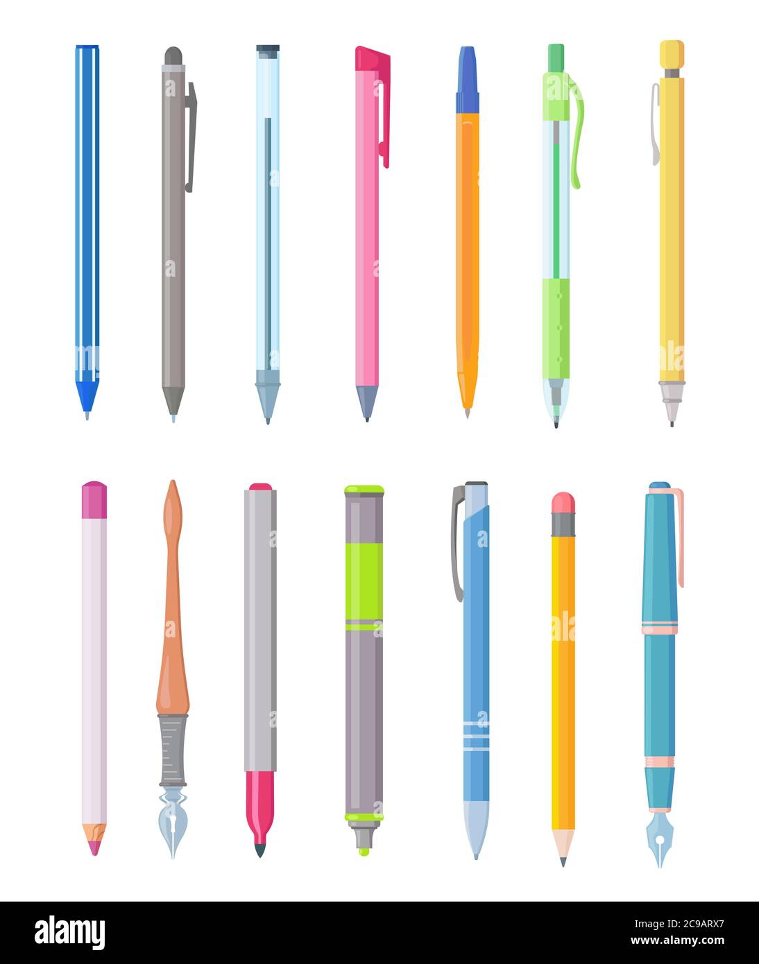 Cartoon pen and pencils. Set of simple drawing items isolated on white. Stock Vector