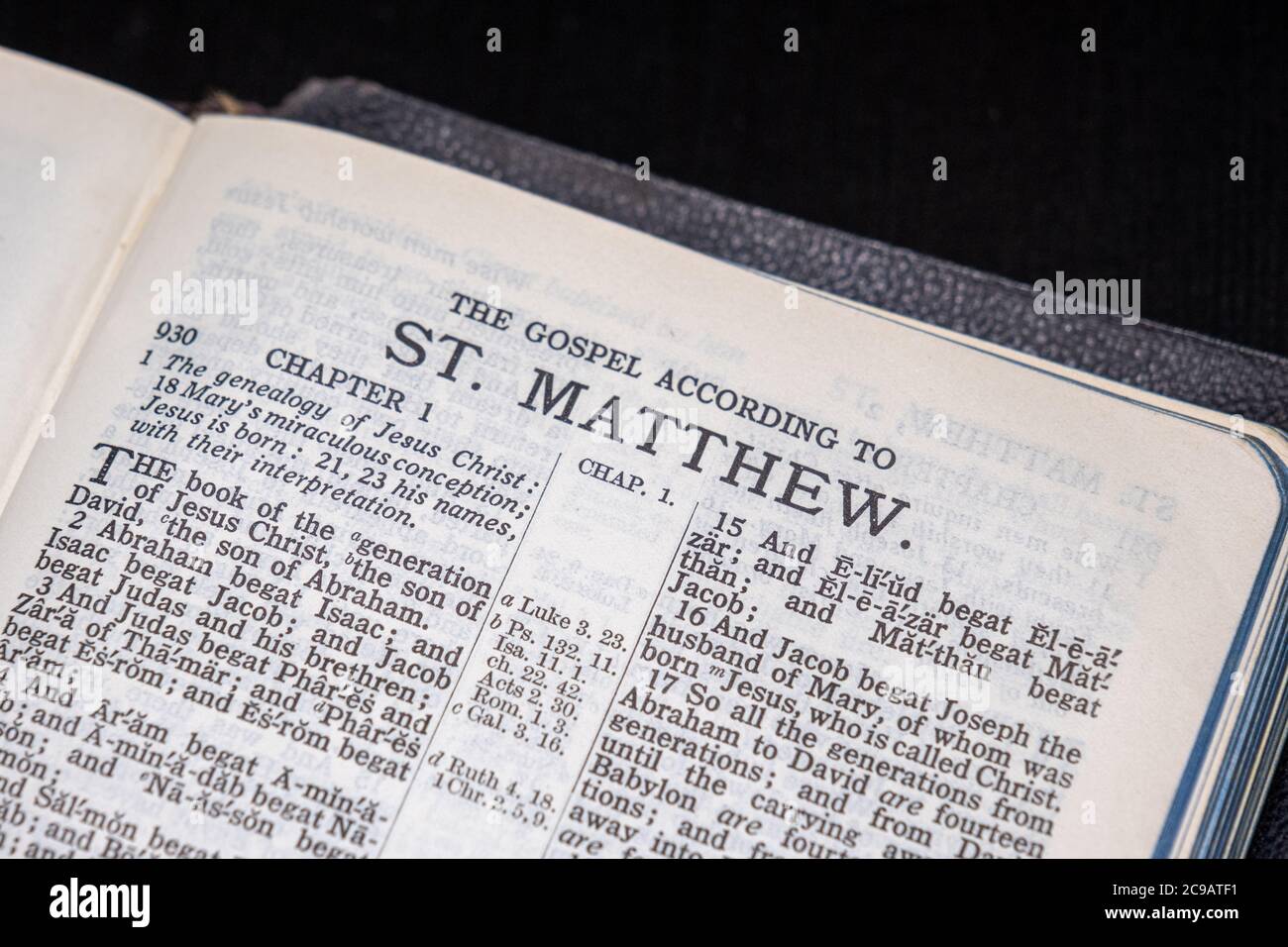 Bible open at the first page of the gospel according to Saint Matthew Stock Photo