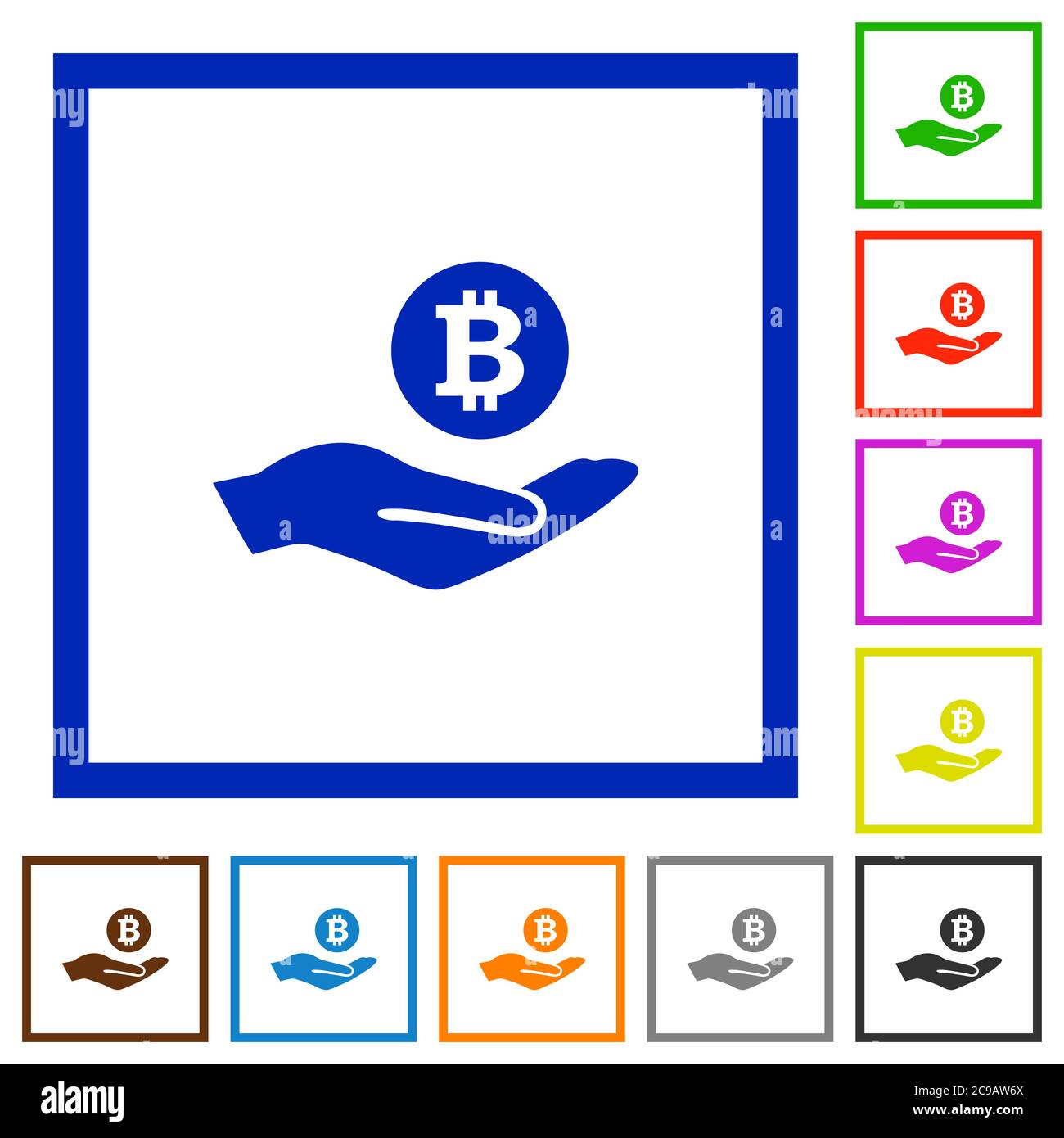 Bitcoin earnings flat color icons in square frames on white background Stock Vector