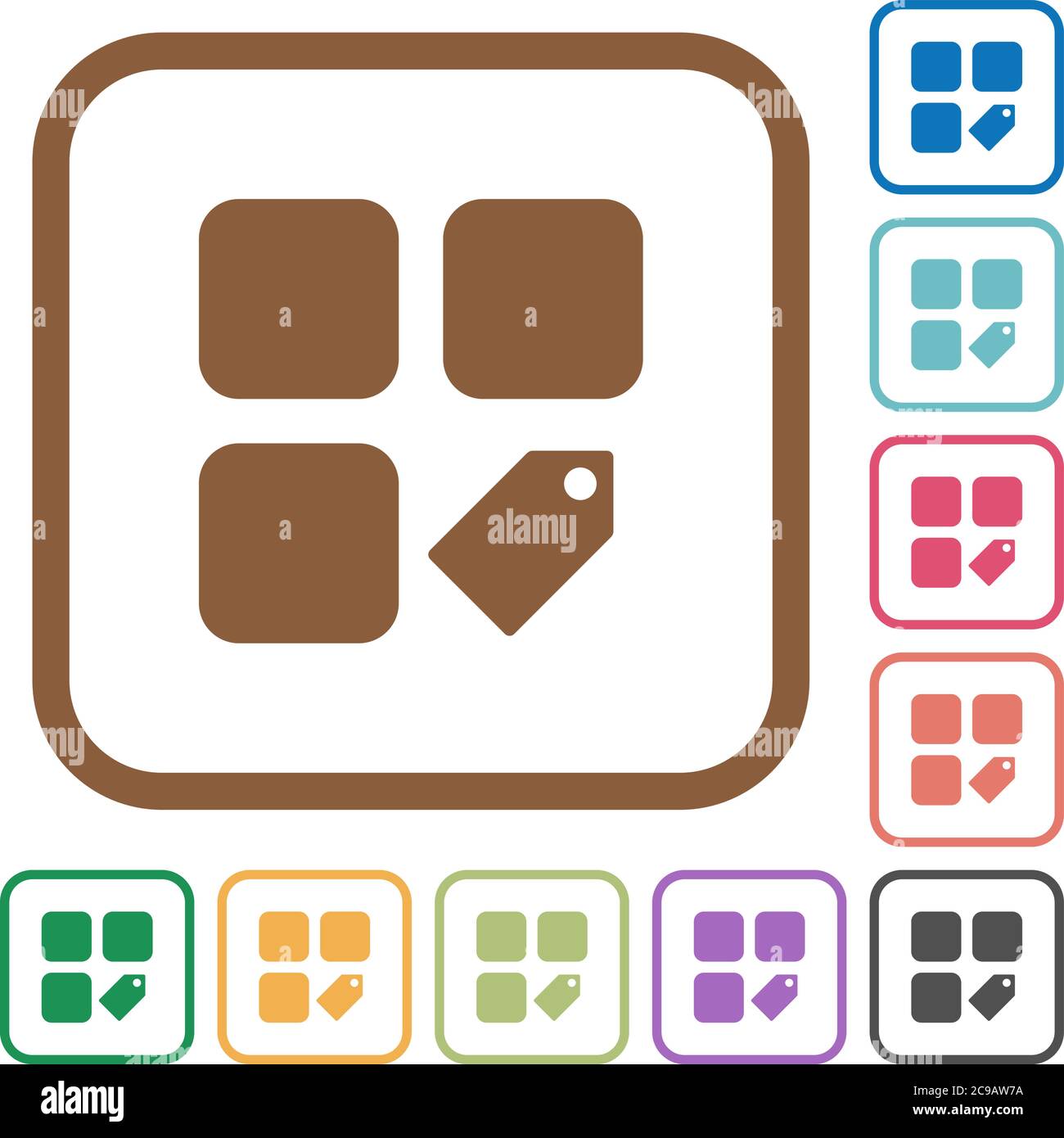 Tag component simple icons in color rounded square frames on white background Stock Vector