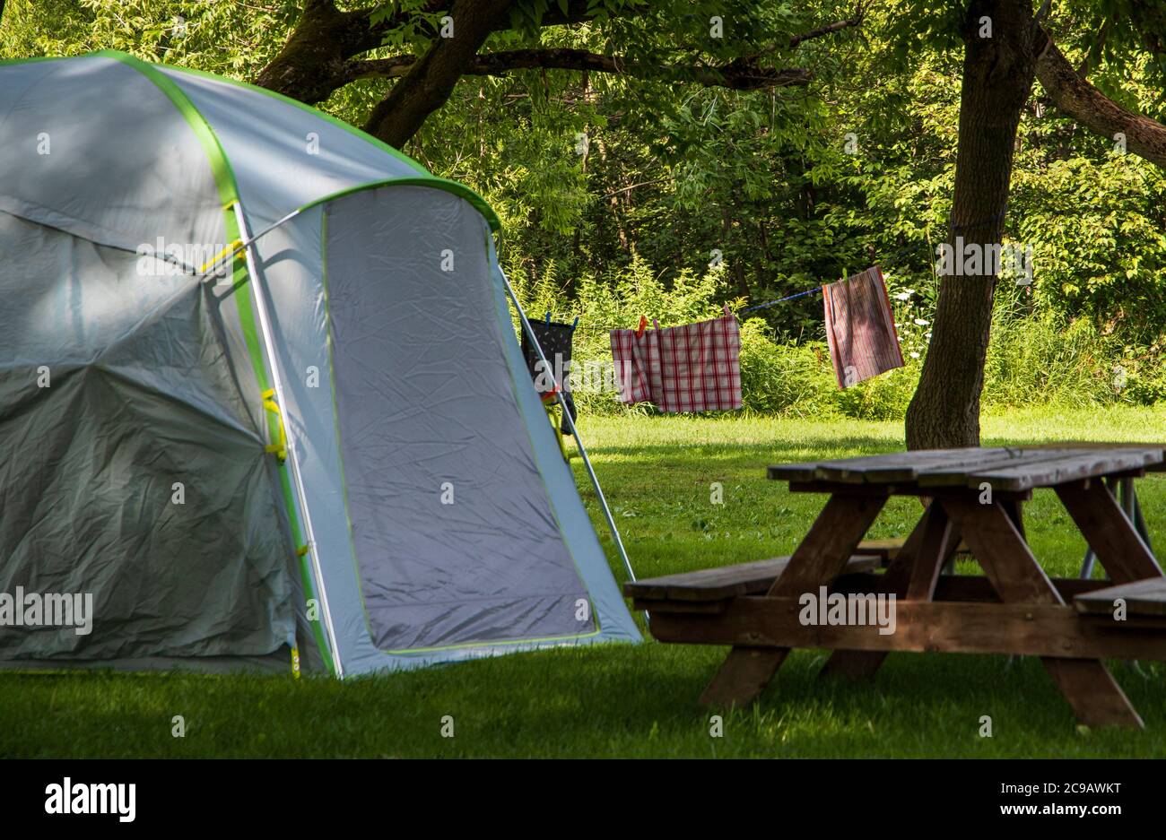 A camping tent in front laundry drying between trees on a campsite by a sunny summer day Stock Photo