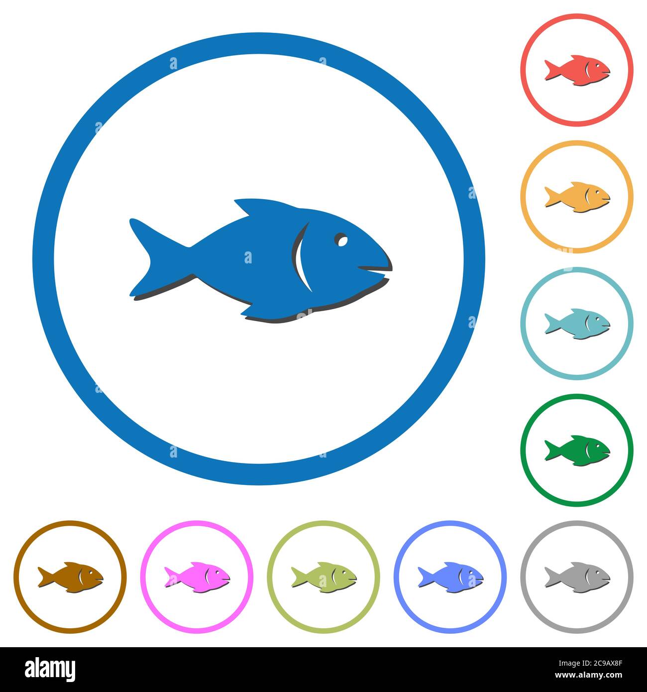 Fish flat color vector icons with shadows in round outlines on white background Stock Vector