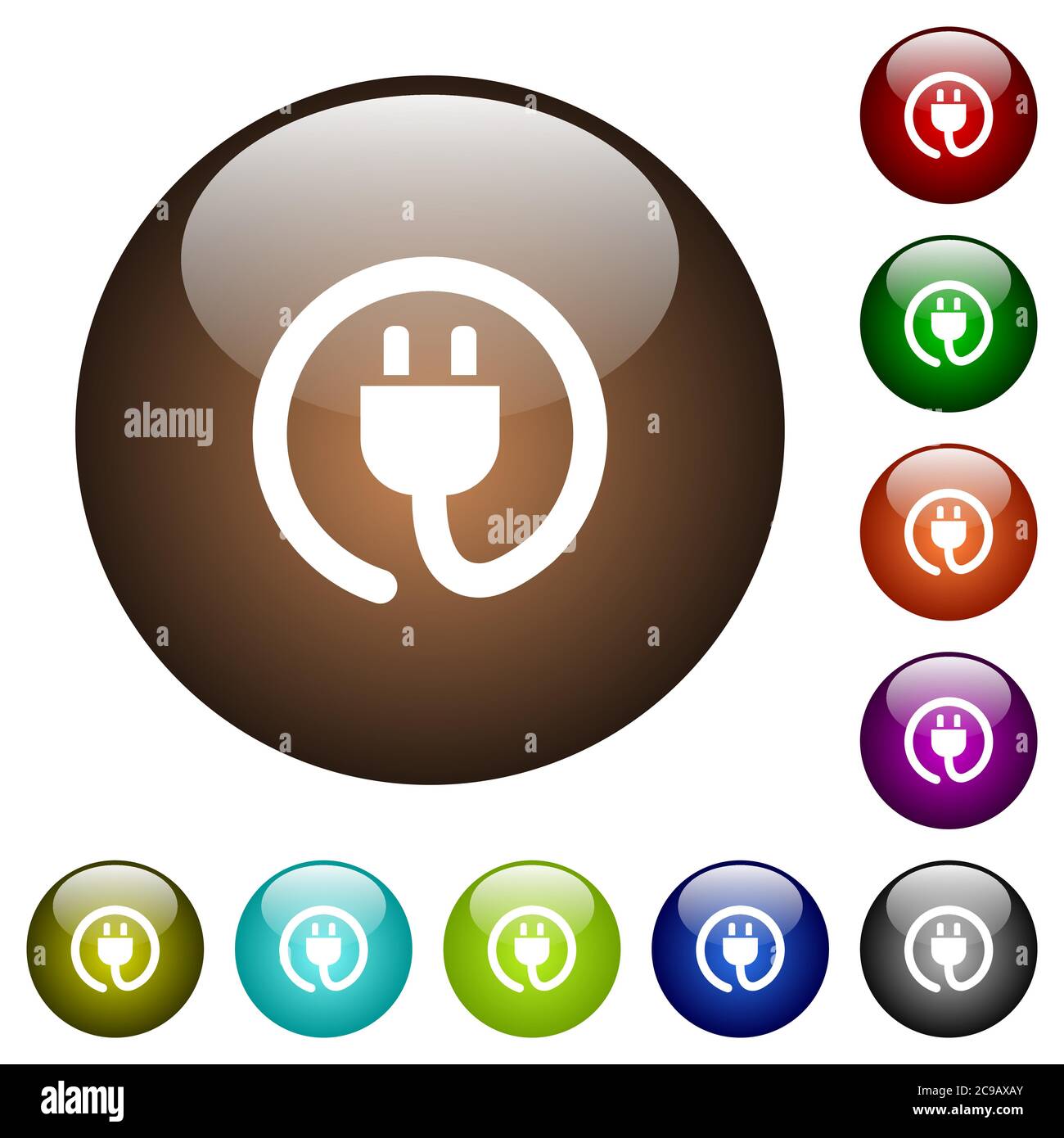 Rolled power cord white icons on round color glass buttons Stock Vector