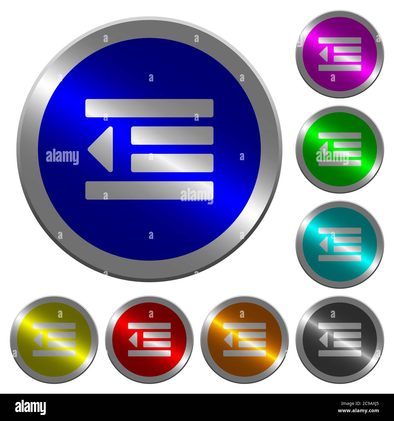 Decrease text indentation icons on round luminous coin-like color steel buttons Stock Vector