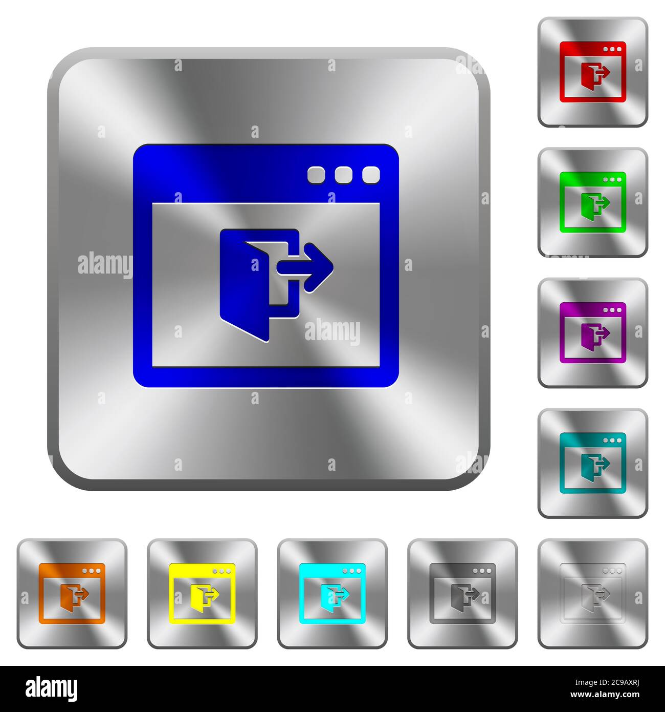 Application exit engraved icons on rounded square glossy steel buttons Stock Vector