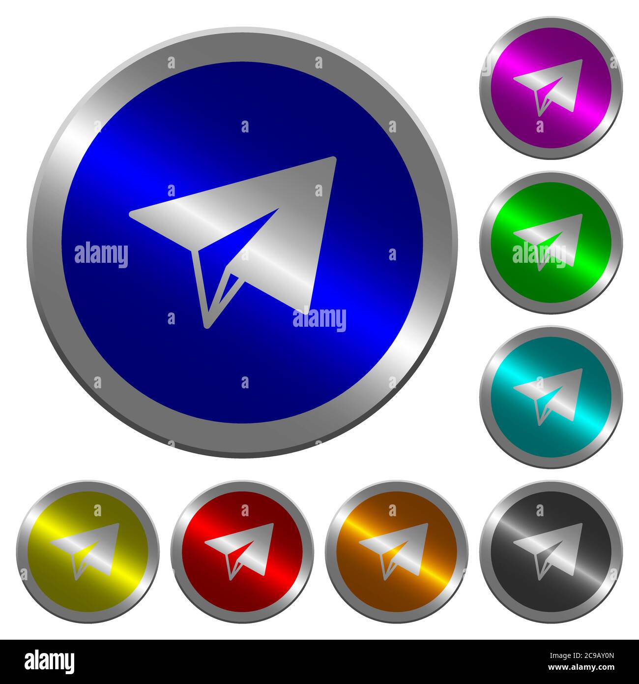 Paper plane icons on round luminous coin-like color steel buttons Stock ...