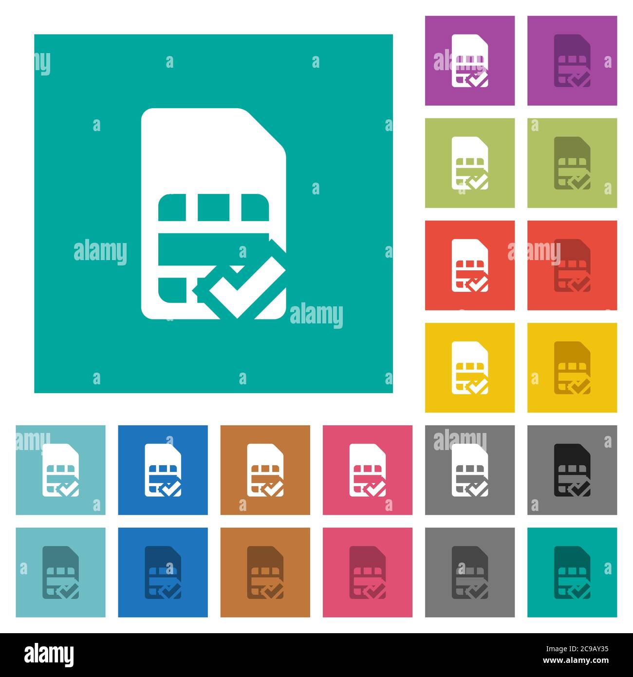SIM card accepted multi colored flat icons on plain square backgrounds. Included white and darker icon variations for hover or active effects. Stock Vector