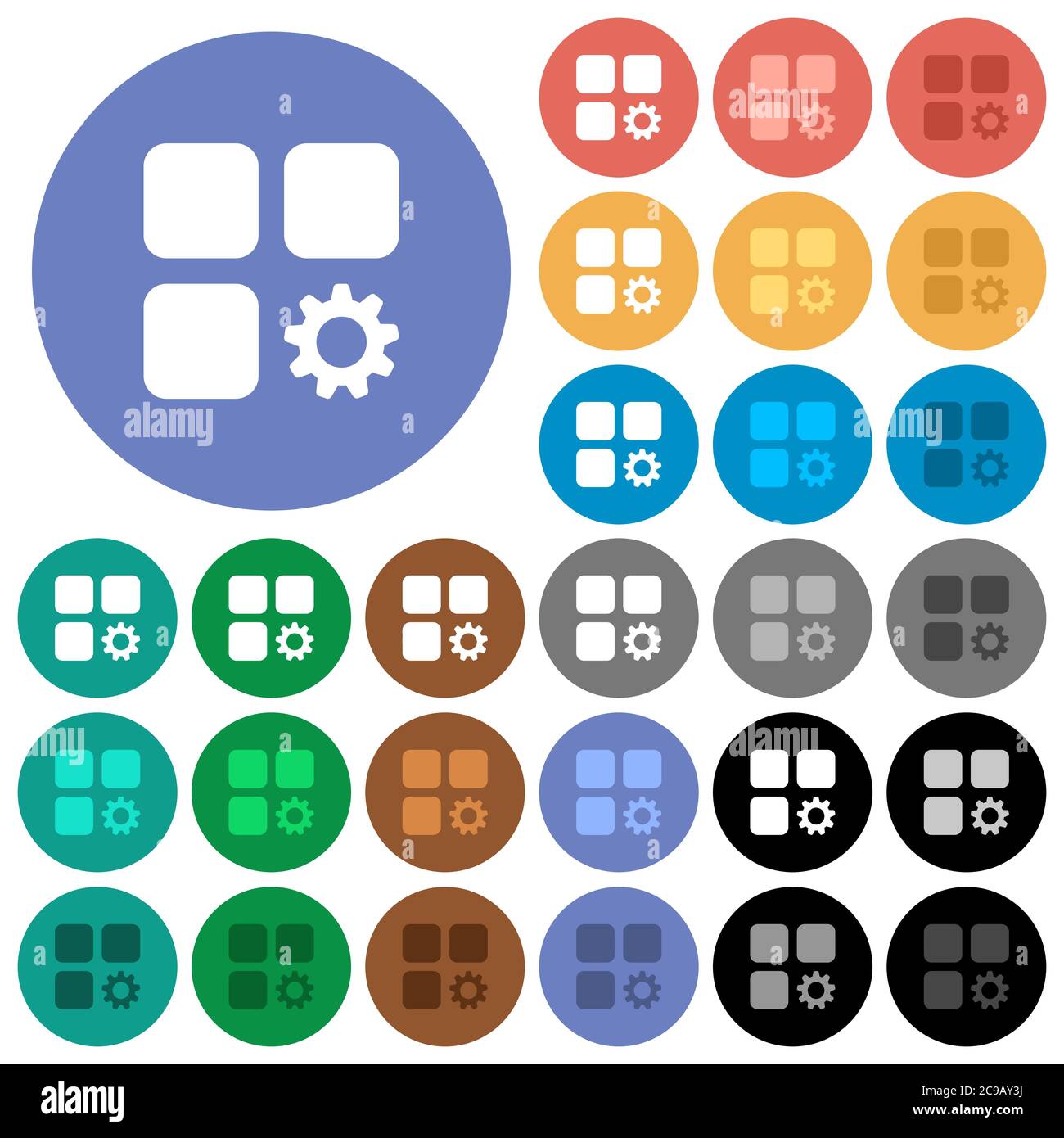 Component settings multi colored flat icons on round backgrounds. Included white, light and dark icon variations for hover and active status effects, Stock Vector