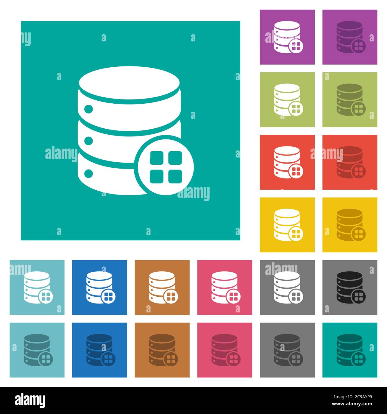 Database modules multi colored flat icons on plain square backgrounds. Included white and darker icon variations for hover or active effects. Stock Vector