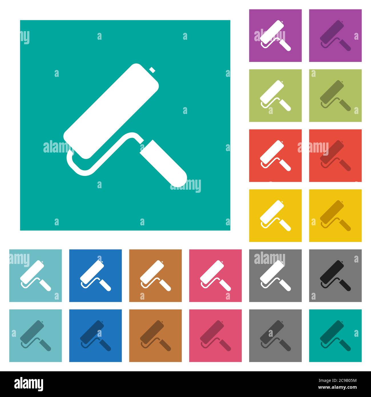 Paint roller multi colored flat icons on plain square backgrounds. Included white and darker icon variations for hover or active effects. Stock Vector