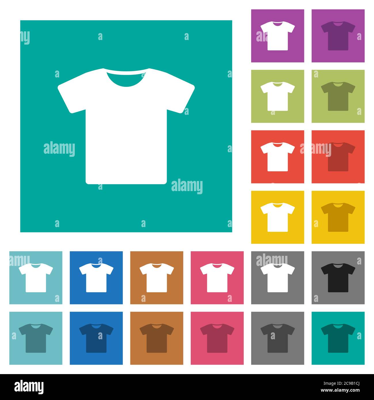T-shirt multi colored flat icons on plain square backgrounds. Included white and darker icon variations for hover or active effects. Stock Vector