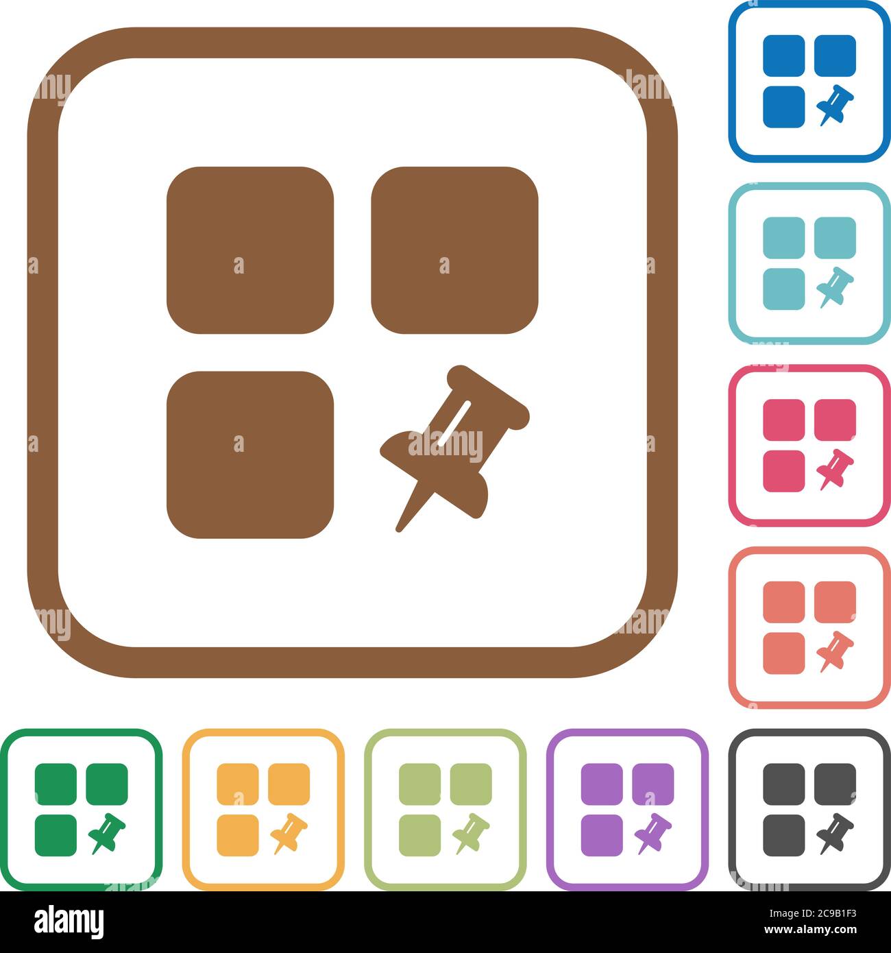 Pin component simple icons in color rounded square frames on white background Stock Vector