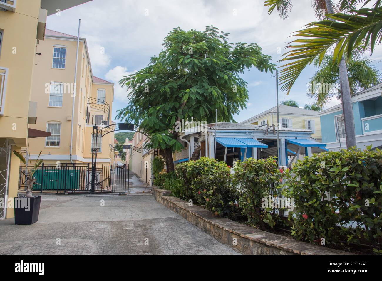 Christiansted, St. Croix, USVI-October 22,2019: Downtown buildings with Salty Beetchz restaurant building and other accommodation in St. Croix Stock Photo