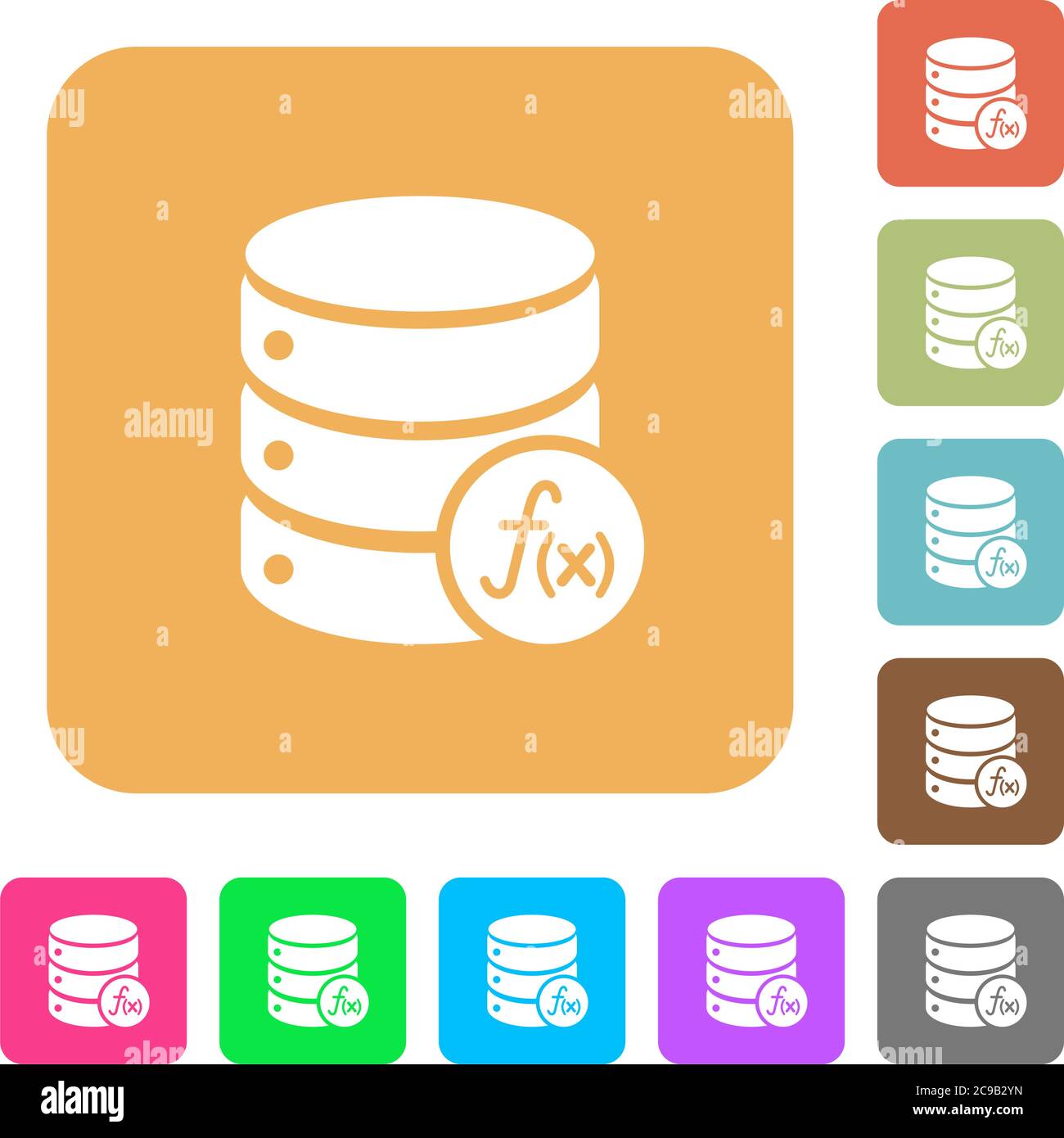Database functions flat icons on rounded square vivid color backgrounds. Stock Vector