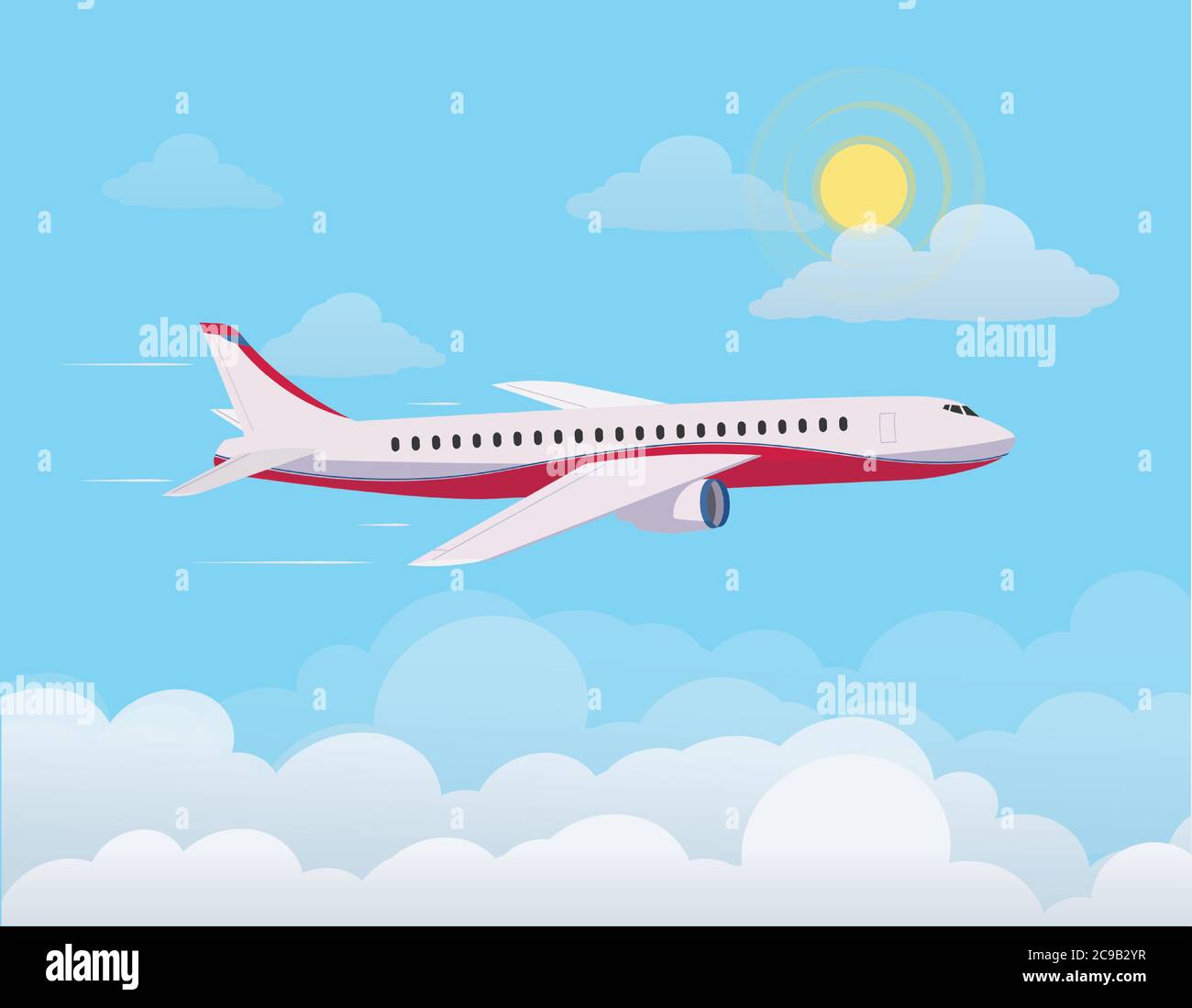 Airplane flying up against the sky , flying through clouds in the blue sky. Flat design style. Vector illustration Stock Vector