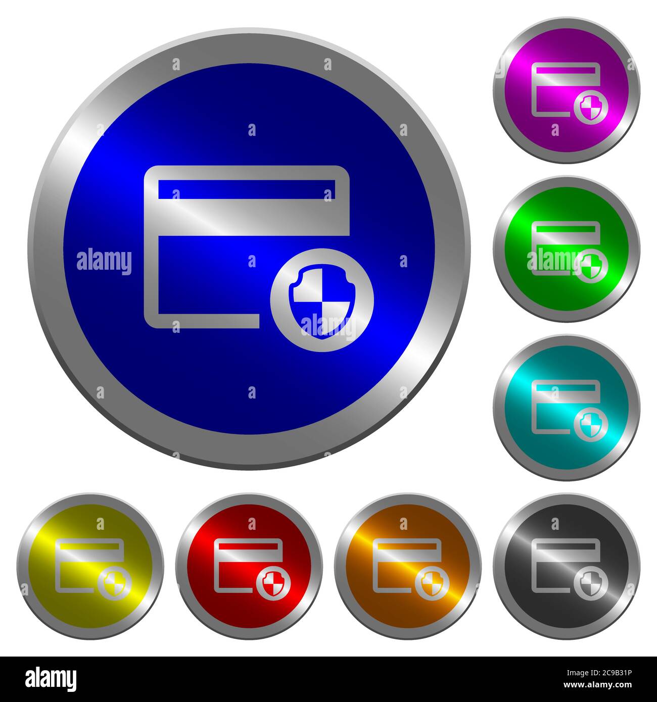 Credit card security icons on round luminous coin-like color steel ...