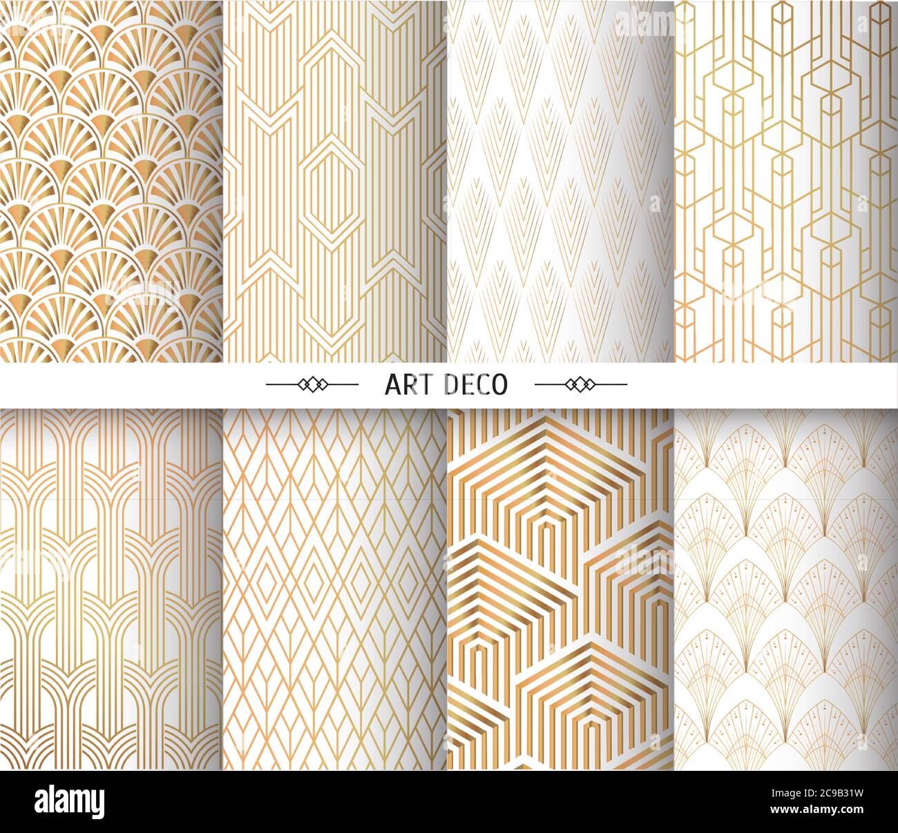 Art deco pattern. Golden vintage geometric arts. Geometrics gold minimal ornaments gatsby elegant abstract patterns set, isolated on white background. Stock Vector