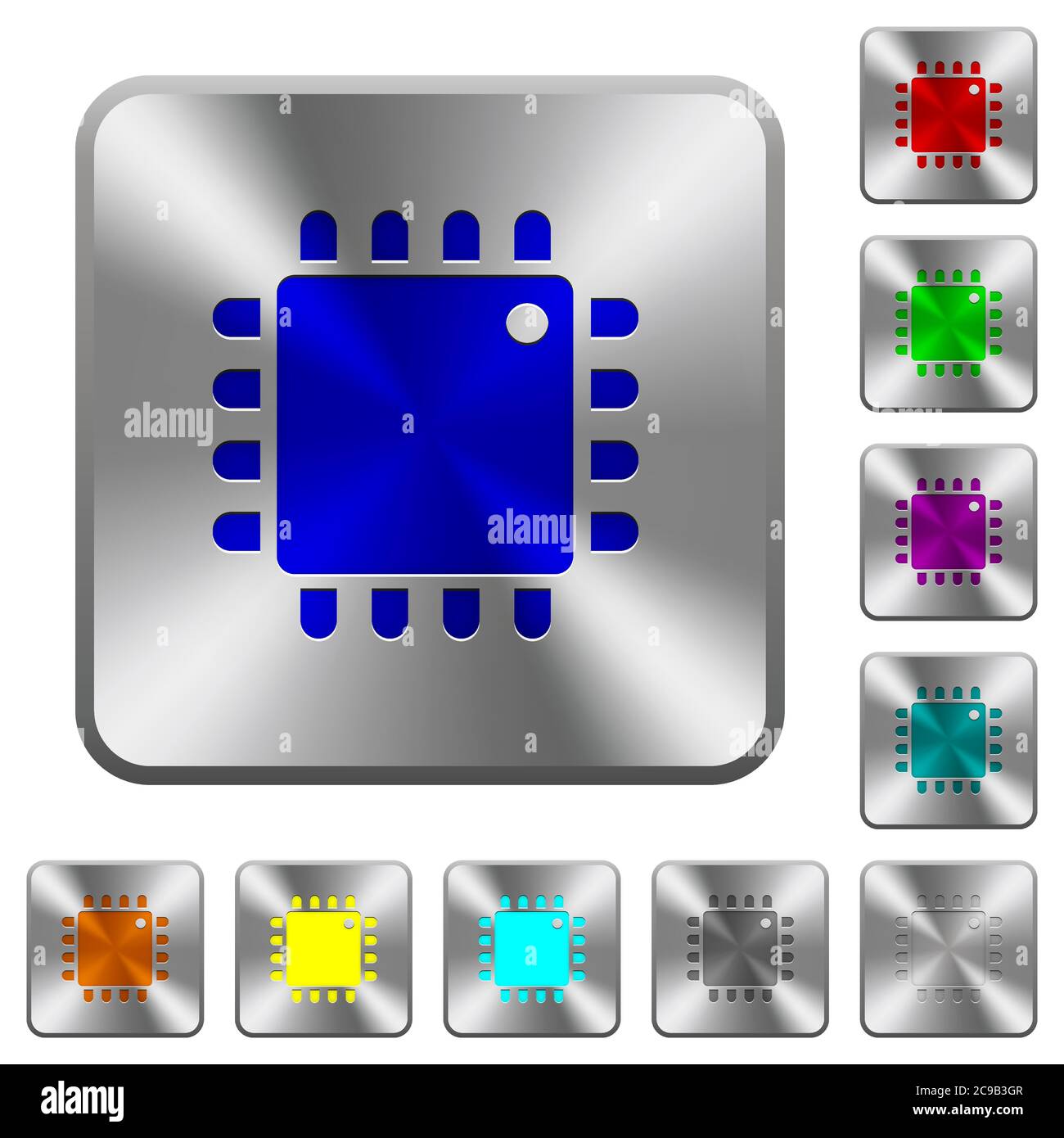 Computer processor engraved icons on rounded square glossy steel ...