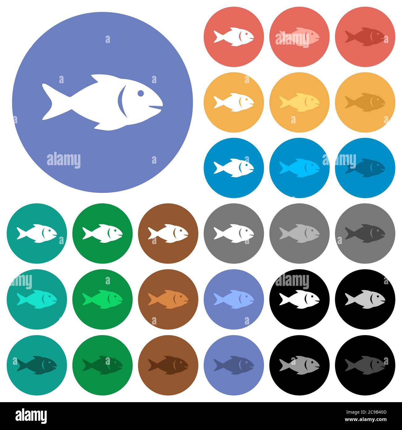 Fish multi colored flat icons on round backgrounds. Included white, light and dark icon variations for hover and active status effects, and bonus shad Stock Vector