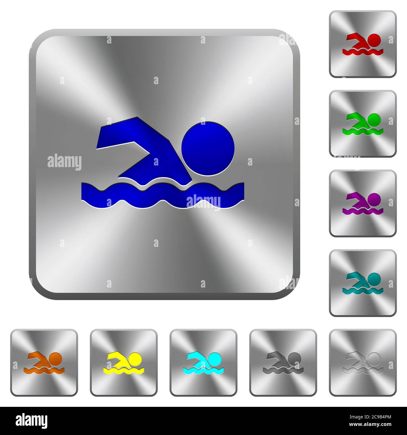 Swimming man engraved icons on rounded square glossy steel buttons ...