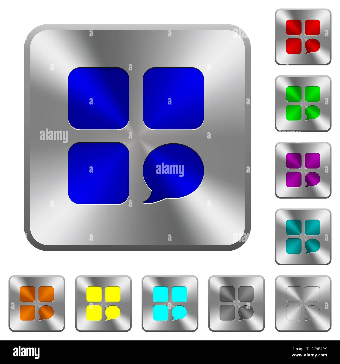Message component engraved icons on rounded square glossy steel buttons Stock Vector