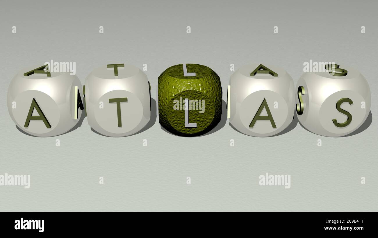 combination of atlas built by cubic letters from the top perspective, excellent for the concept presentation. map and illustration. 3D illustration Stock Photo