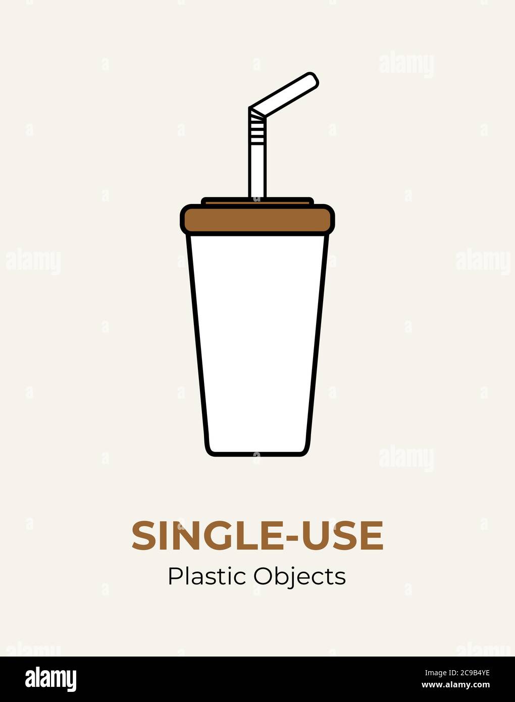 Singleuse paper cup with plastic lid and straw. Vector illustration of recycling plastic items