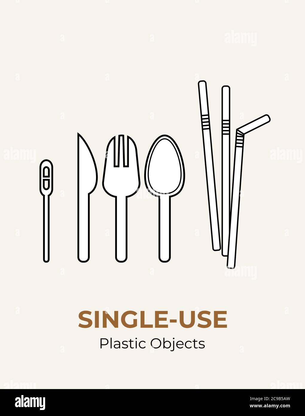 Spoon, fork, knife, stirrer, straws. Singleuse plastic cutlery. Vector illustration set of