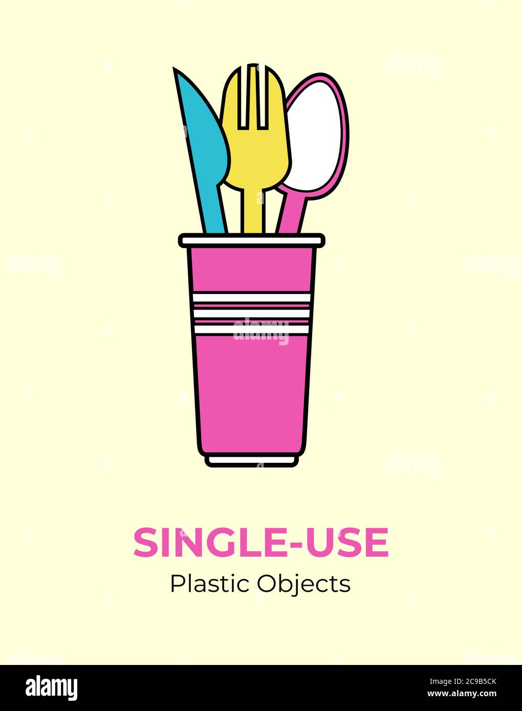 Plastic colored spoon, fork, knife, cup. Singleuse pink, yellow, blue