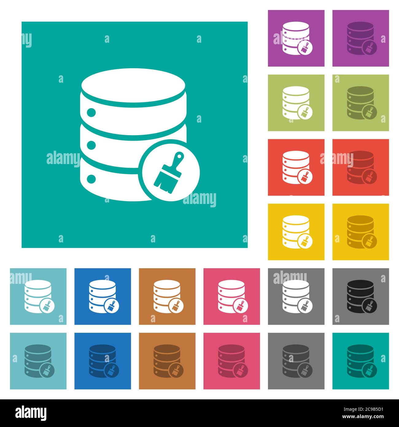Database paste data multi colored flat icons on plain square backgrounds. Included white and darker icon variations for hover or active effects. Stock Vector