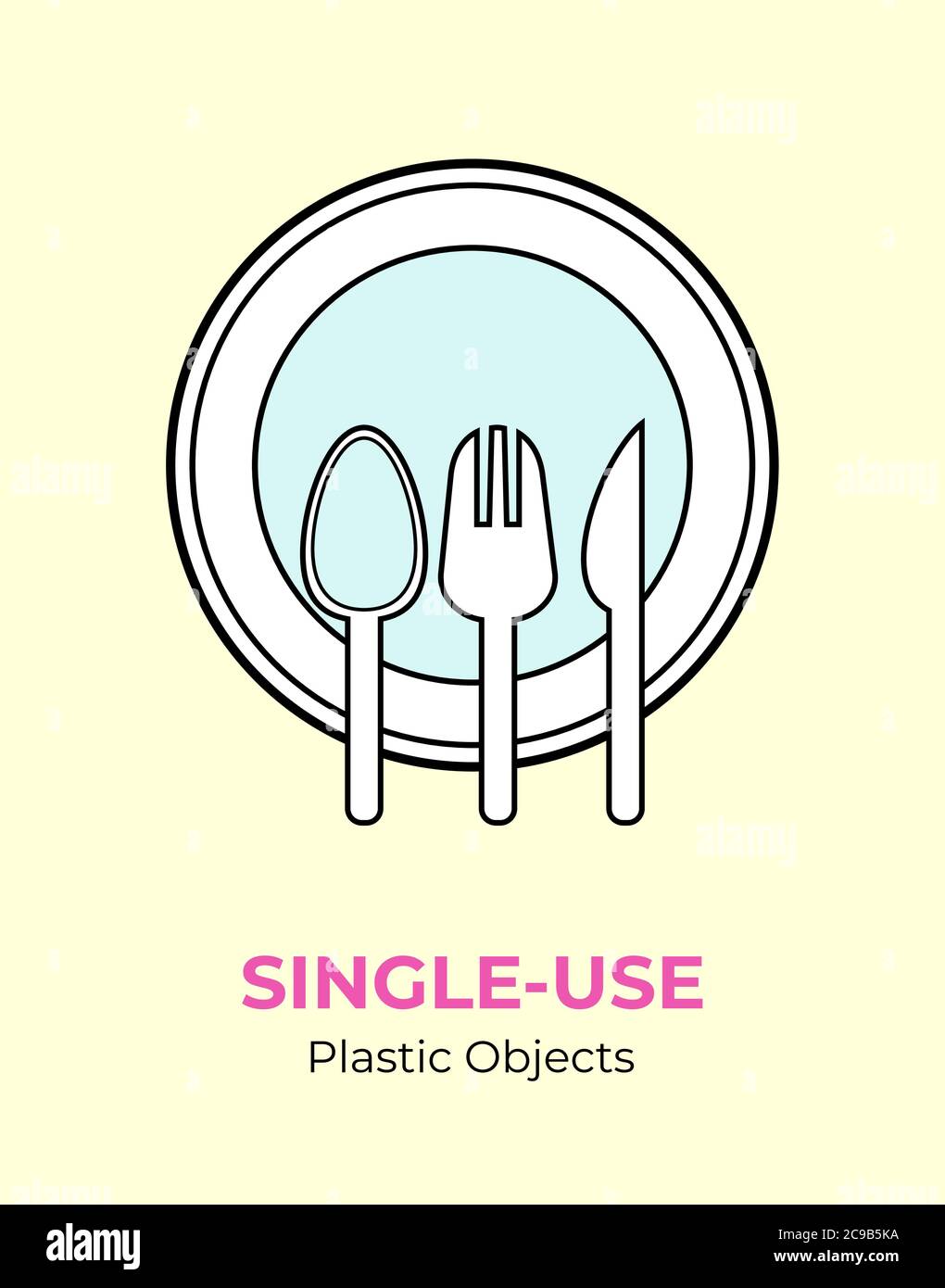 Singleuse plastic utensils. Spoon, fork, knife, plate vector illustration set of recycling