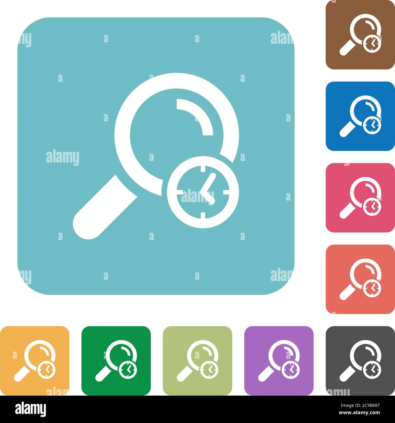 Query time white flat icons on color rounded square backgrounds Stock Vector