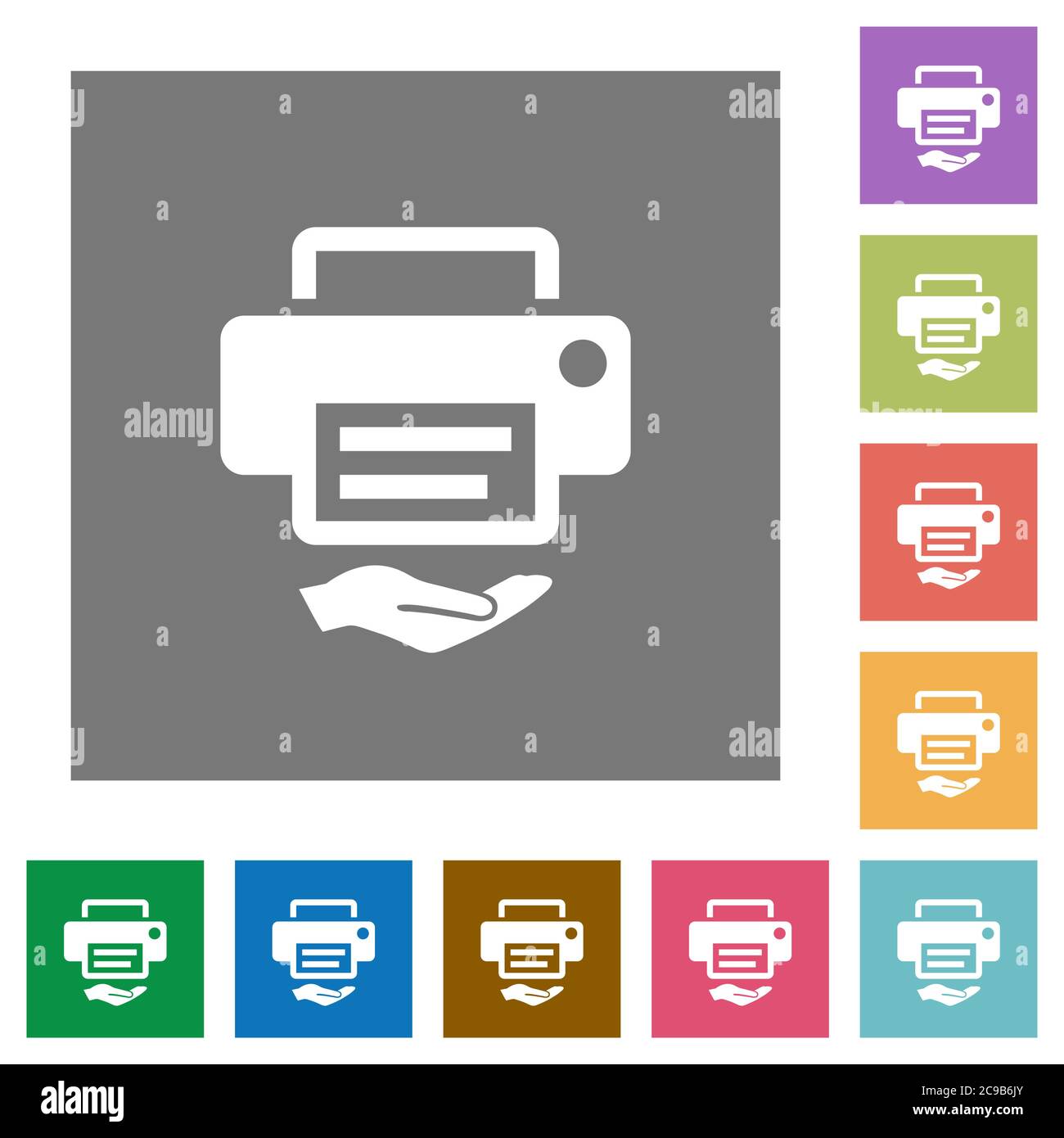 Shared printer flat icons on simple color square backgrounds Stock Vector