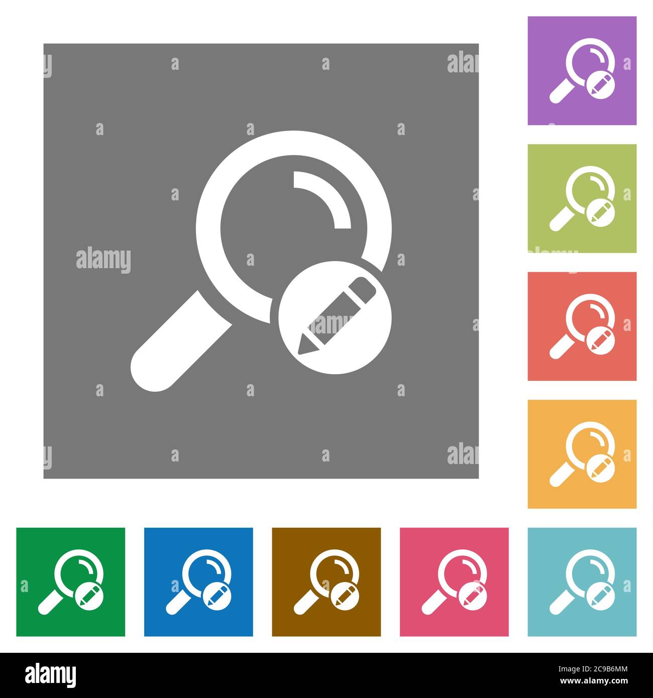 Edit search terms flat icons on simple color square backgrounds Stock Vector