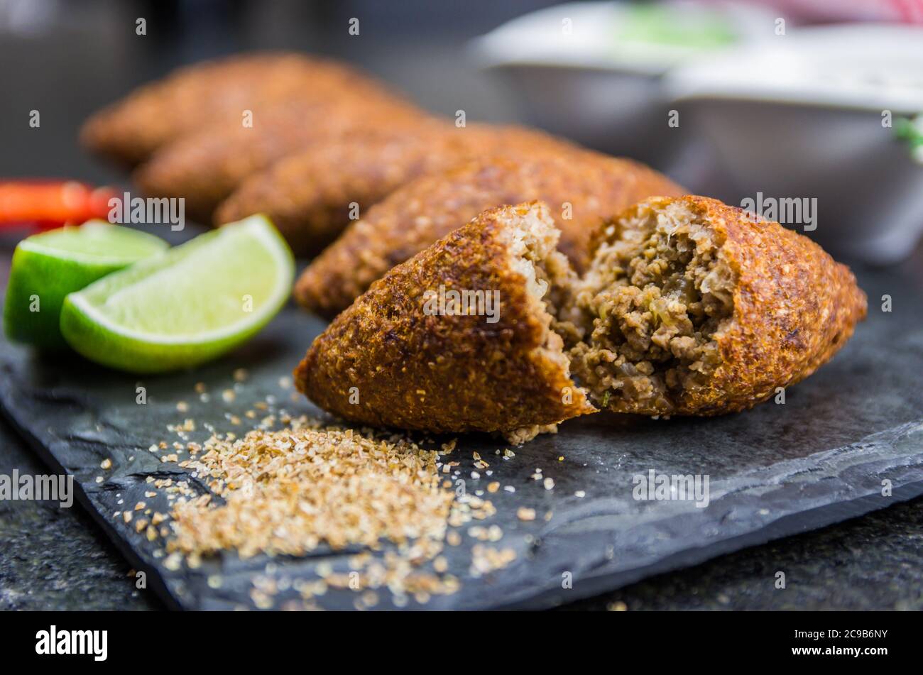 Delicious Lebanese (Arabic) Food, Kibbeh (kibe) On Black Slate Stone ...