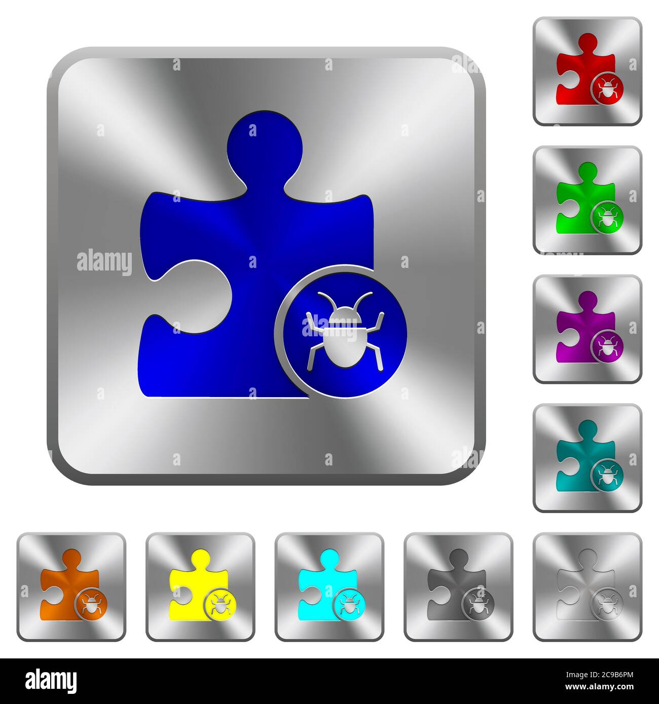 Plugin bug engraved icons on rounded square glossy steel buttons Stock Vector